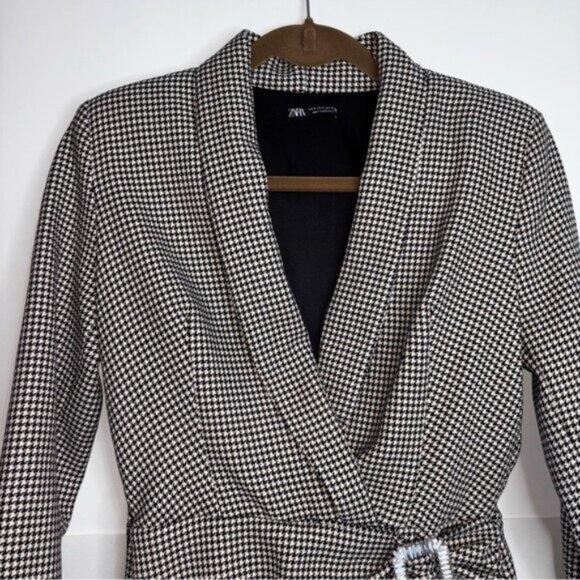 Zara Women's Black White Houndstooth Blazer Dress Small Faux Belt Office Classic - Picture 4 of 11